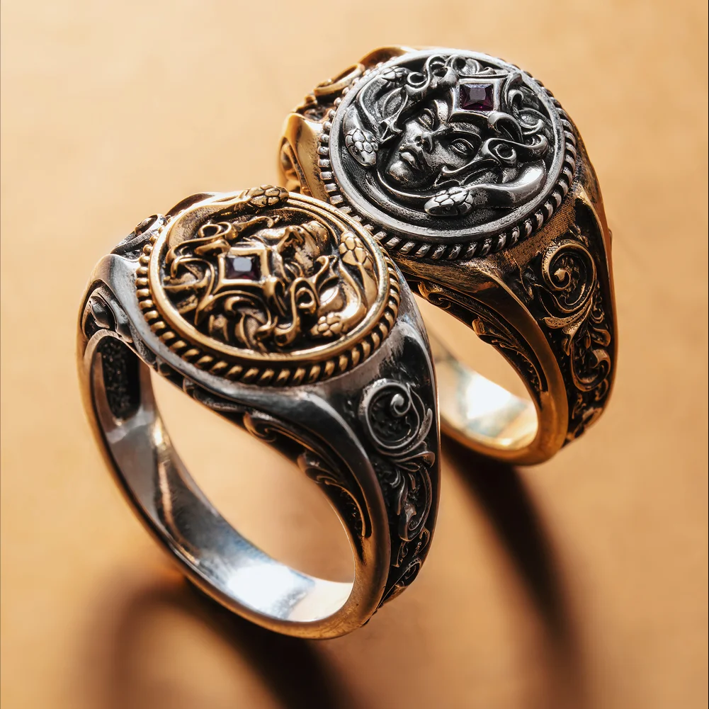 COPPERTIST.WU Medusa Signet Ring Mythological Greek Goddess Ring Brass&925 Sterling Silver Jewelry Gift for Women Men