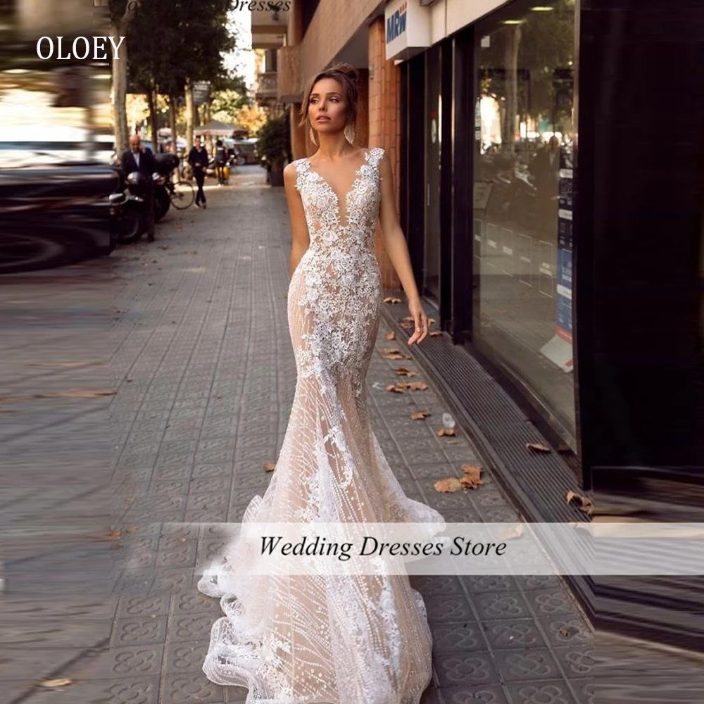 OLOEY Elegant Champagne Lace Mermaid Wedding Dresses Floral Backless Shiny Bride Dress Sweep Train Vestido de noiva 2023