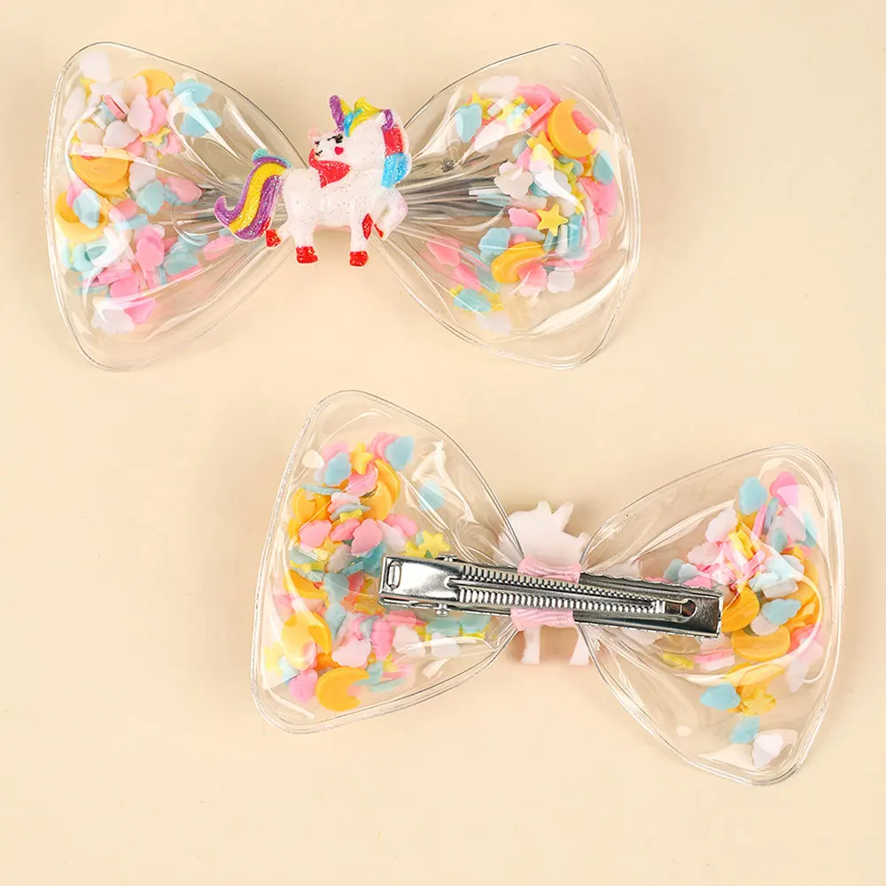 2Pcs Unicorn Bowknot Hair Clips For Kids Transparent Bow Star Moon Hairpin Summer Swimming Pool Party Accessories