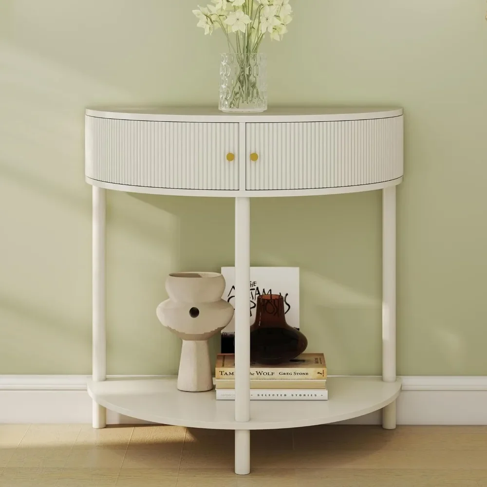 Rattan Half Moon Console Table with Storage, Solid Wood Legs for Entryway Living Room Bedroom