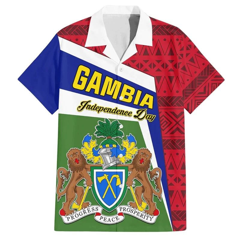 Africa Gambia Map Flag 3D Print Shirts For Men Clothes National Emblem Beach Shirts Patriotic Coat Of Arms Blouses Male Tops