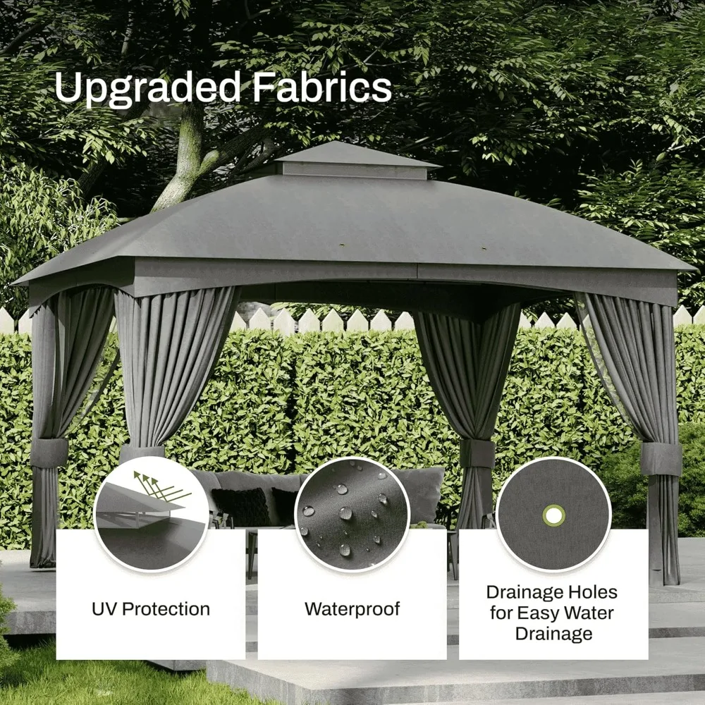 

Heavy Duty Gazebo, 11 x 13 Ft Outdoor Patio Pavilion with Galvanized Steel Metal Frame and Double Roof, Curtain, Customized