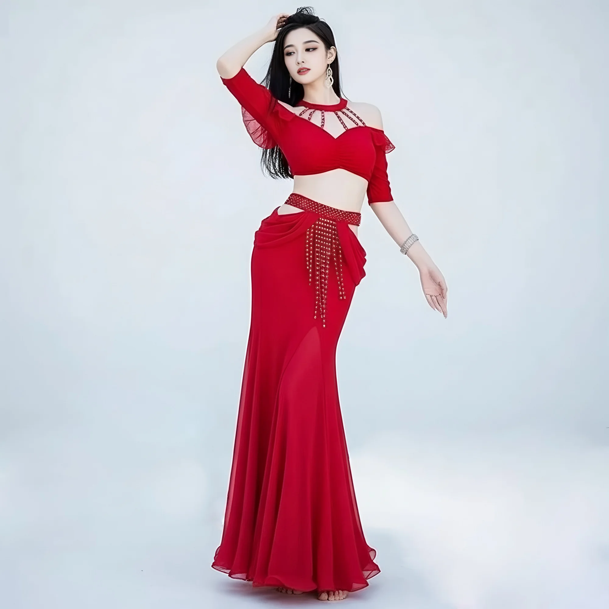 النساء الرقص الشرقي النمط الشرقي النساء مجموعة زي الفتيات التدريب الزي شيمي هامش الرسن براعم علوية ذيل السمكة التنانير الطويلة