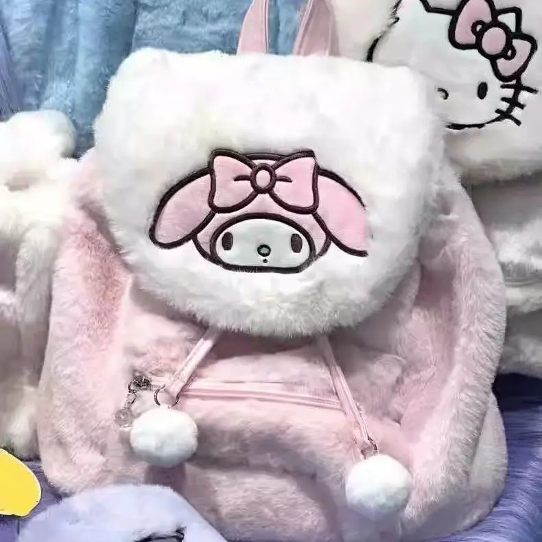 Kawaii Drawstring Flap Plush Backpack, My Melody Hello Kitty Pochacco Soft Fuzzy School Bag with Decor Casual Fluffy Daypack - view 6