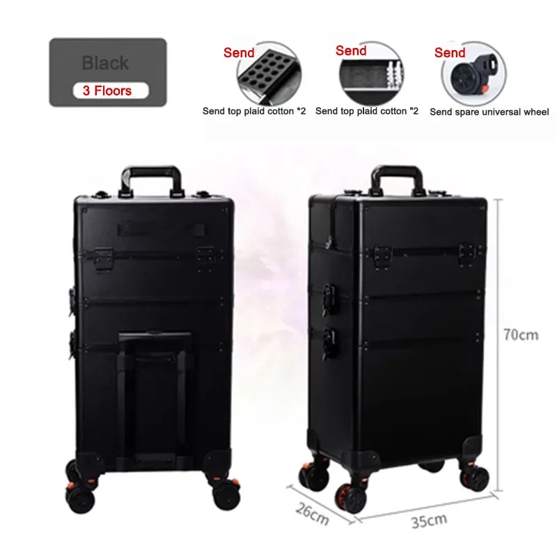 3 Layers Pull Rod Toolbox Portable Cosmetics Organizer Removable Makeup Box With Universal Wheel Large Capacity Nail Art Storage