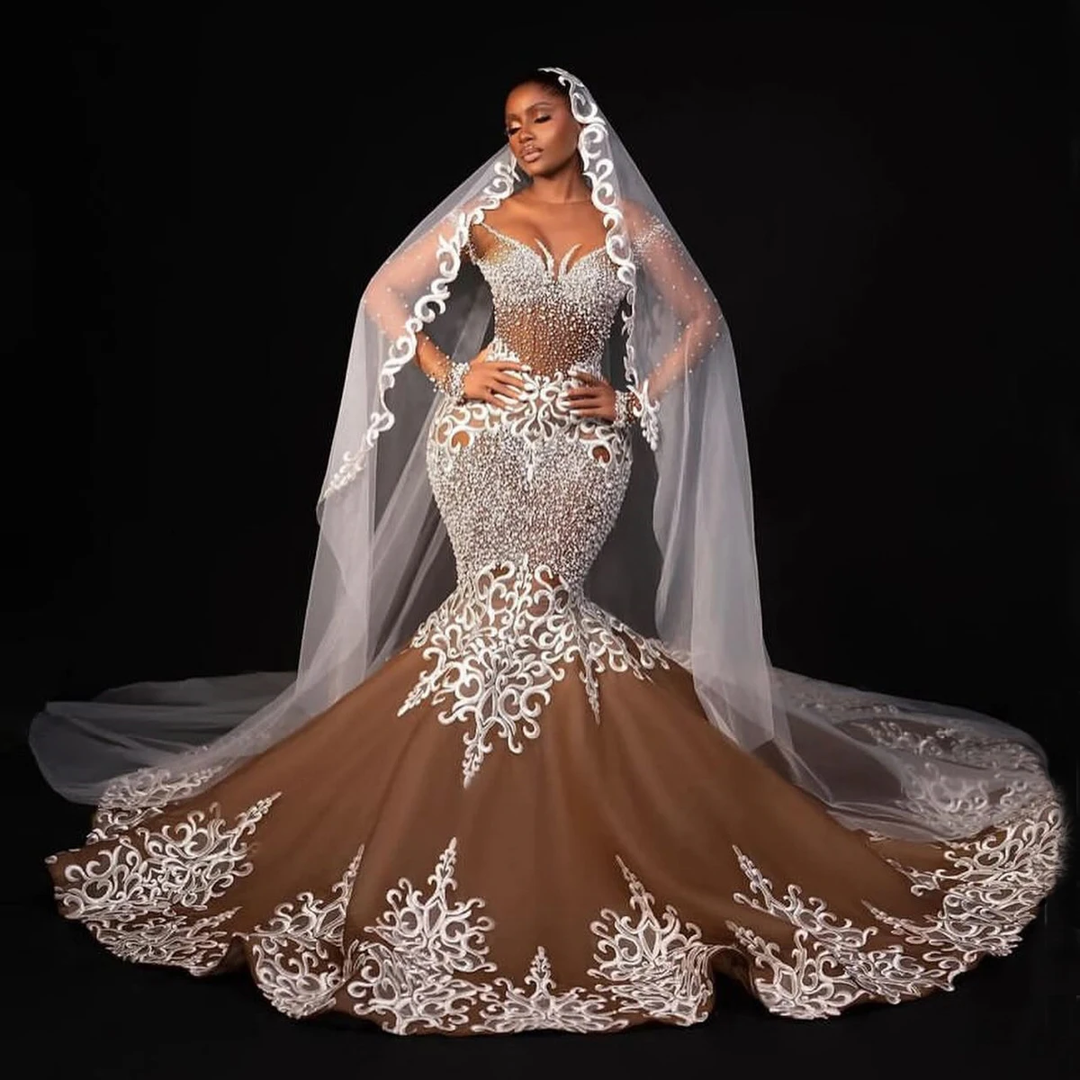 Plus Size Champagne Mermaid Wedding Dresses Lace Applique African Bridal Dress with Veil Pearls Aso Ebi Bride Dress Wedding Gown