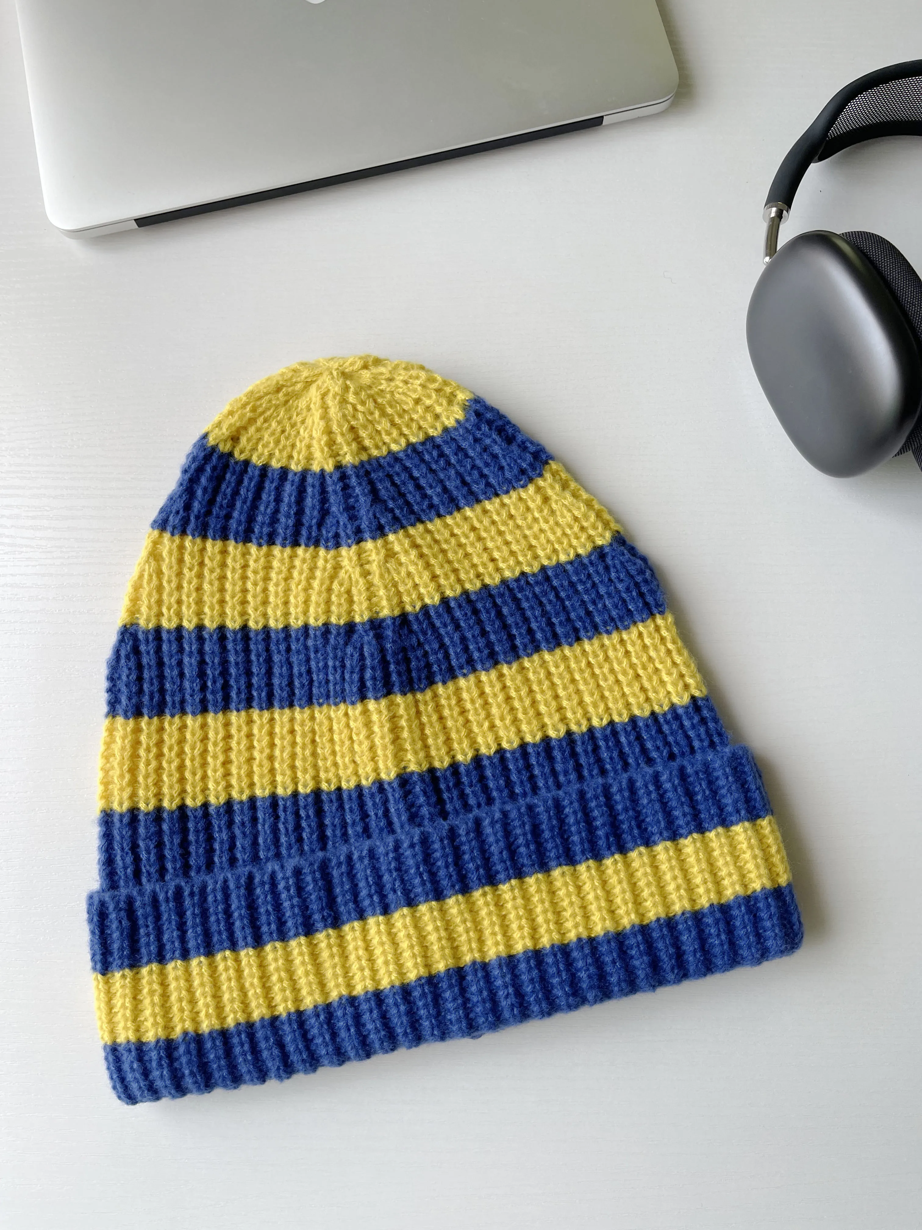 Unisex Winter Acrylic Knitted Cap Dopamine Color Stripe Warm big size 62cm Beanies for Women Cold Hat Casual Hip-hop Caps Female