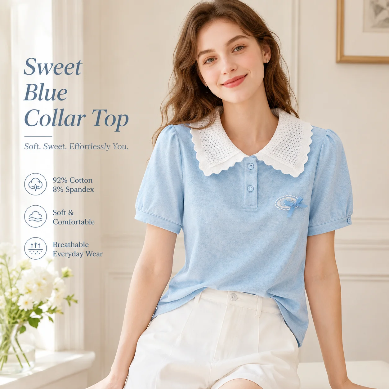 Women Sky Blue Peter Pan Collar Top Short Puff Sleeve Bow Embroidered Cotton Blend Casual Summer Blouse