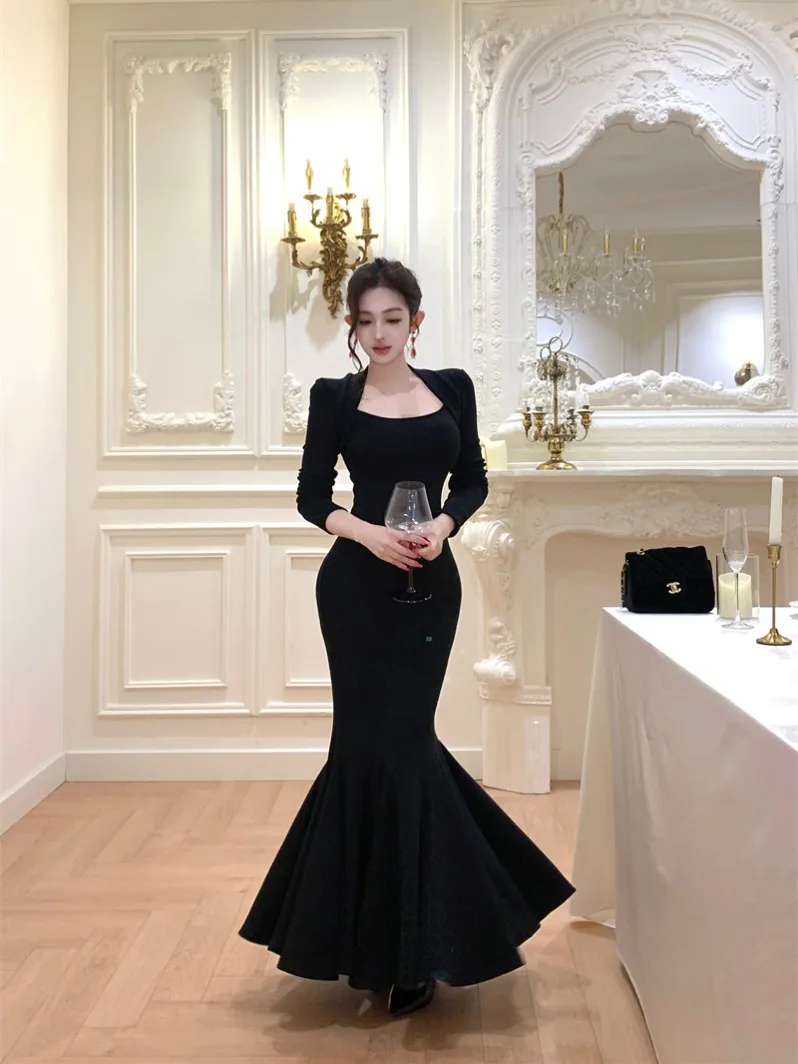 

Сексуальное длинное платье-футляр с запахом и юбкой-русалкой для женщин, зимнее, черное, с квадратным вырезом, А-силуэт, повседневное