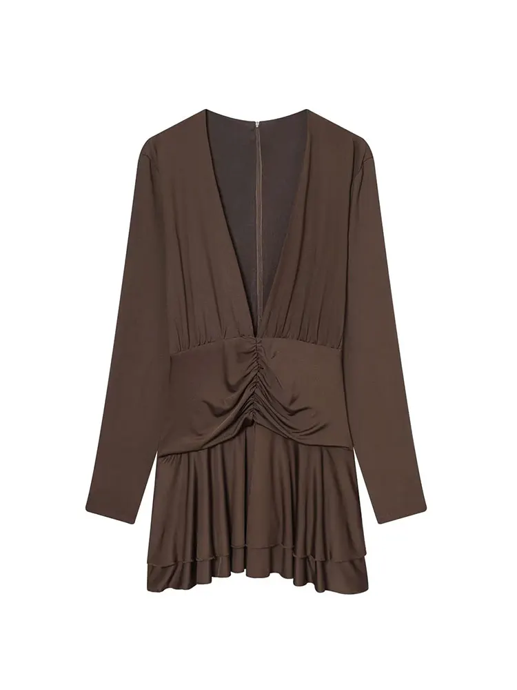 TFAFXY فساتين راقية نسائية 2025 خريف جديد الصلبة مطوي فستان بكم طويل المرأة هايت فستان حفلة الشارع