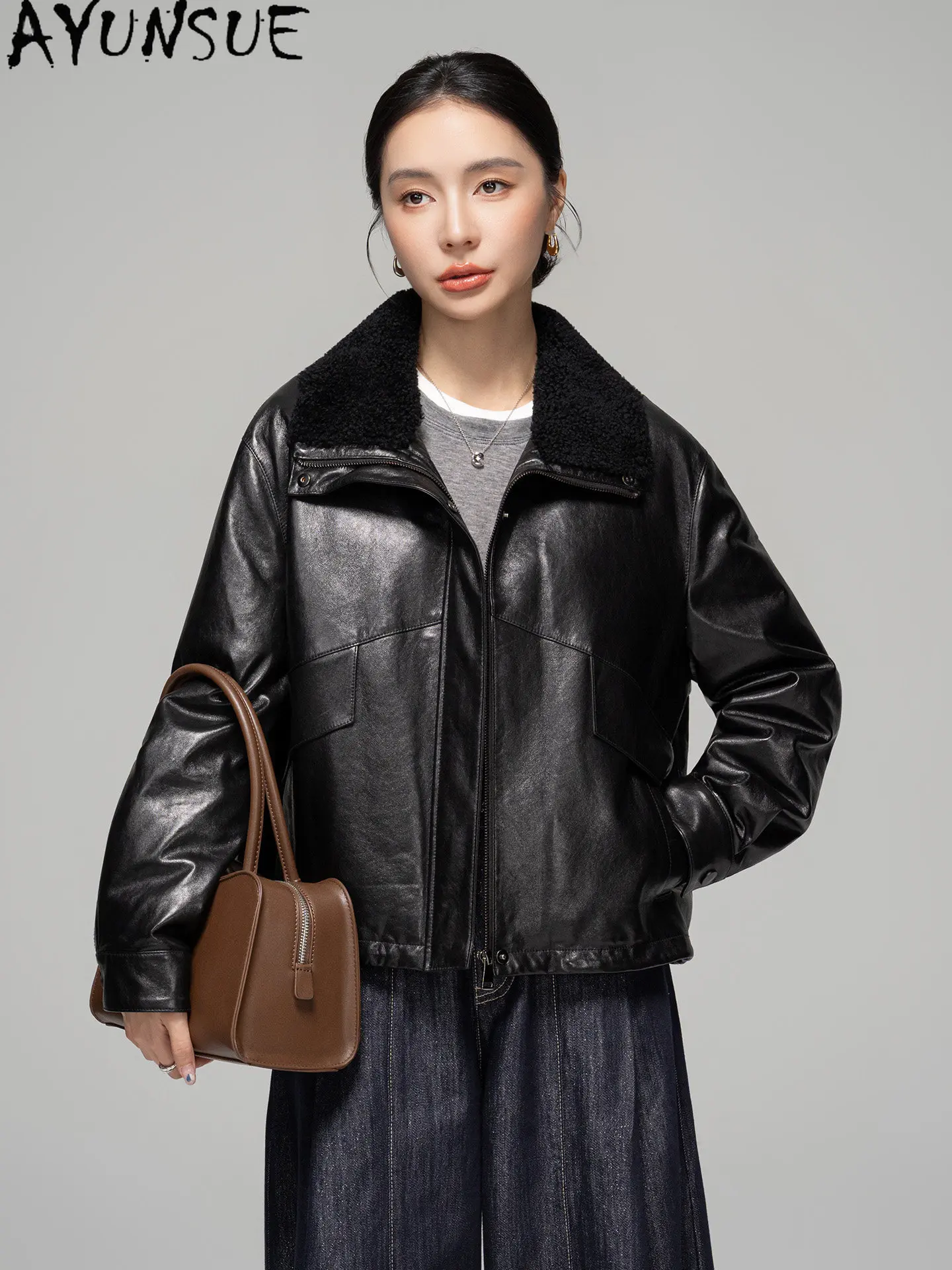 Tcyeek Natural Sheepskin Leather Jacket Women Winter Clothes Lamb Wool Collar 90% White Goose Down Coats Woman  Jaqueta De Couro