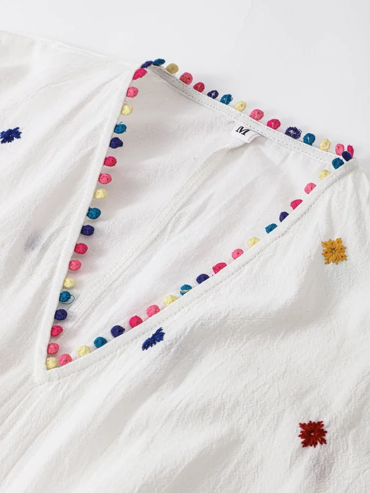 Vestido elegante bordado de manga comprida para mulheres, vestidos com fenda plissada com decote em V, pacote feminino casual solto de quadril, verão, 2024