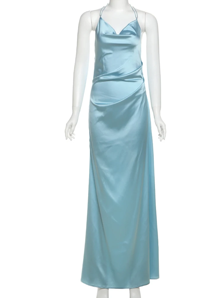 Nibber Elegancka jedwabista sukienka damska bez pleców z kołnierzykiem bez rękawów z satyny Letni trend Solidny prosty gładki Maxi Bodycon