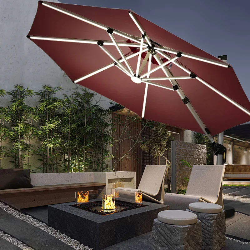 ร่มกลางแจ้ง Parasols อลูมิเนียม Cantilever ขนาดใหญ่ Parasol 3 M Patio Cantilever ร่มพร้อมไฟ LED