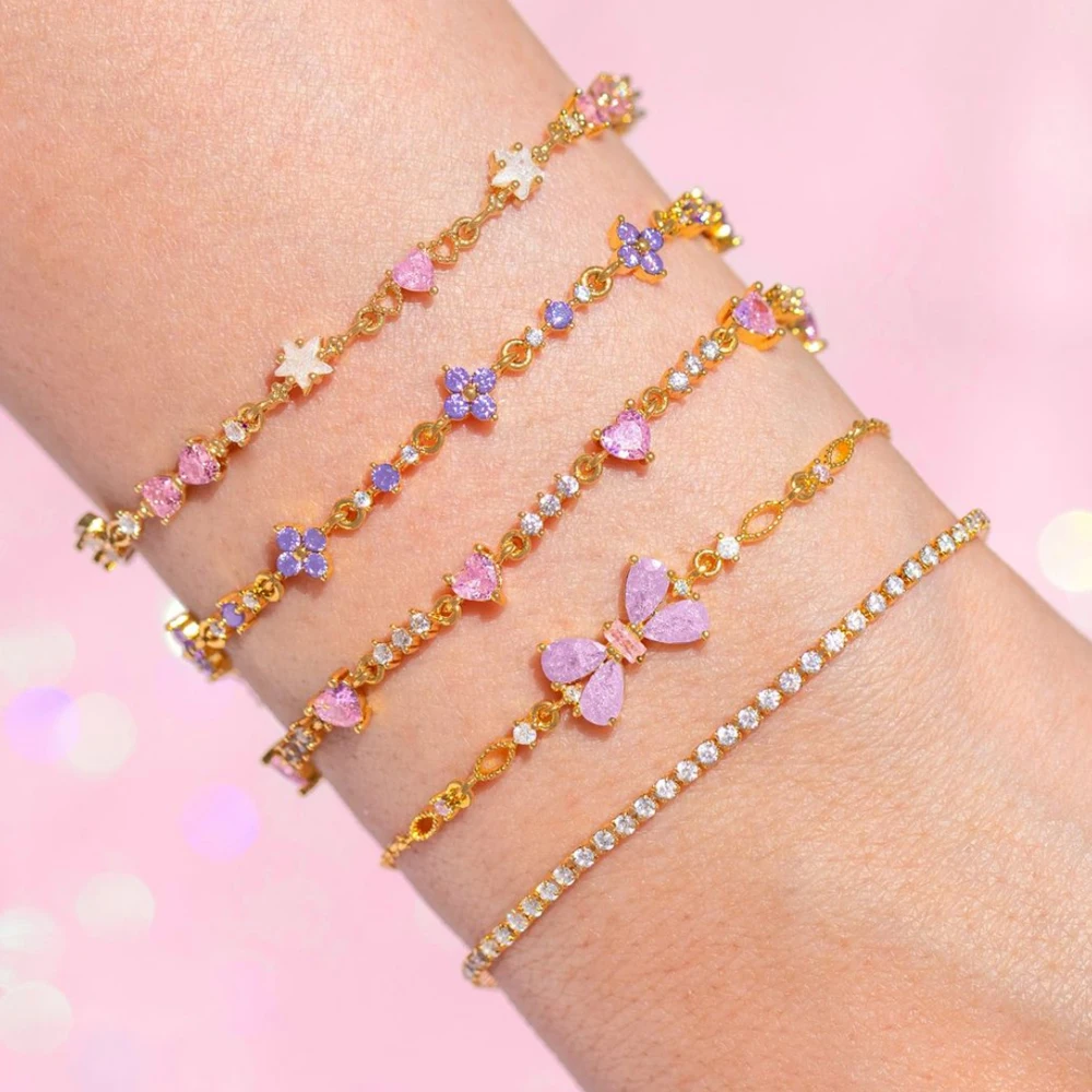 New Luxury Pink Crystal Bowknot Cubic Zirconia Pendant Bracelet Women Blue Butterfly Shiny Rhinestone Bangle Jewelry