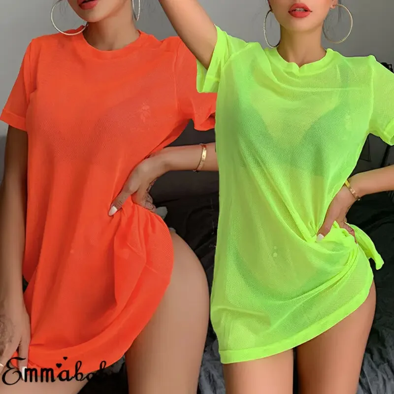 Local stock Screen Short Sleeve Perspective Women Neon Green O Neck Vintage Mesh Short Sleeve Tee Shirt Long Tshirts Beachwear