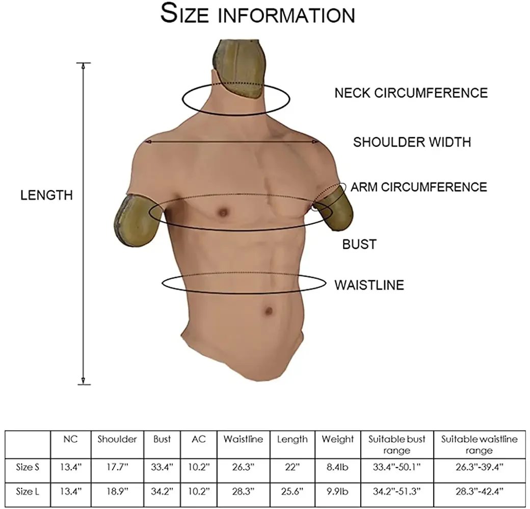 Realistic Fake Muscle Silicone Male Chest Half Body Suit with Floating Point Design, for Cosplay Halloween Props