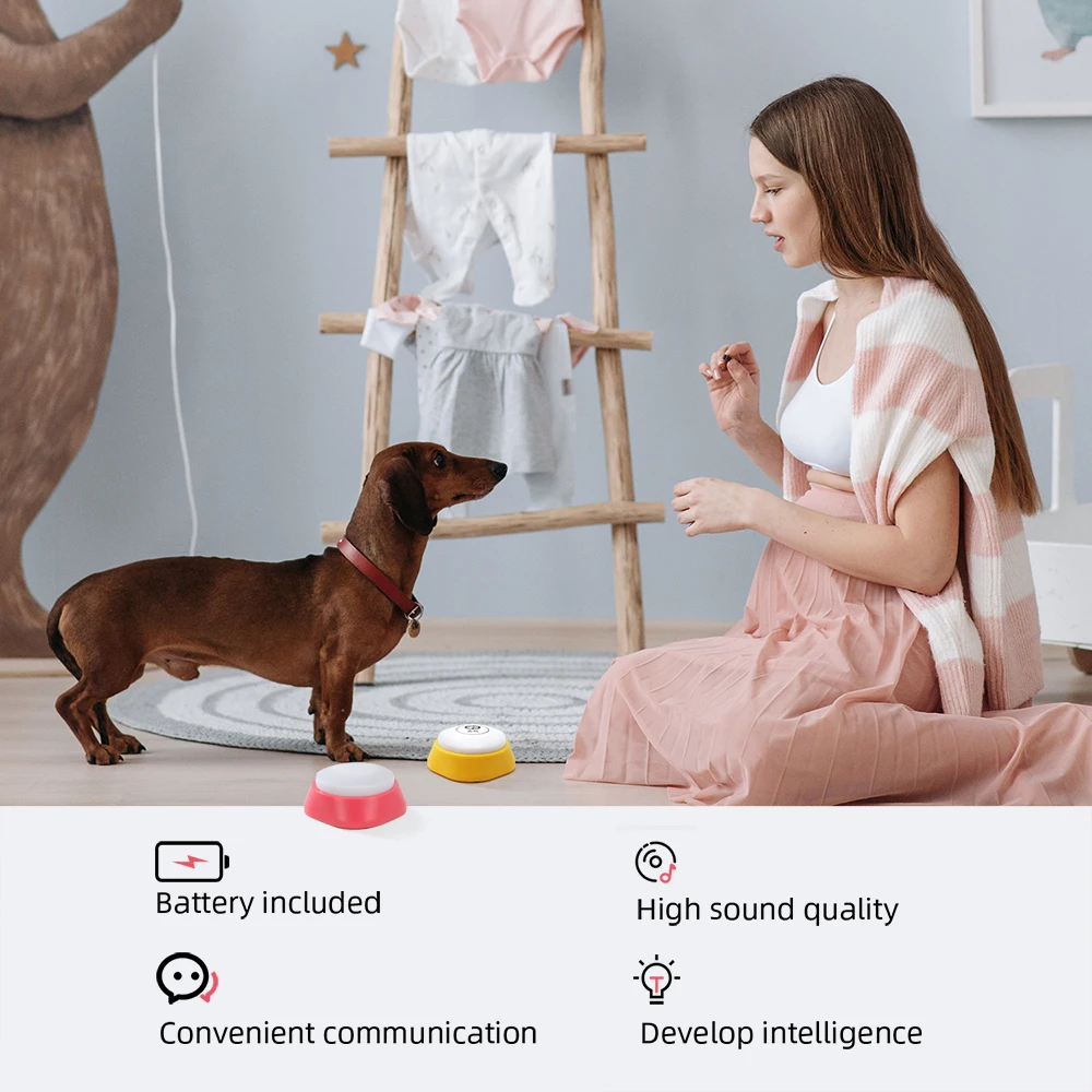 บันทึกสุนัขพูดคุยปุ่มสำหรับการฝึกอบรมสัตว์เลี้ยงสายรุ้งไฟ LED ออกแบบเสียงทนทานวัสดุ Talk ของเล่นพร้อมแผ่นสติกเกอร์