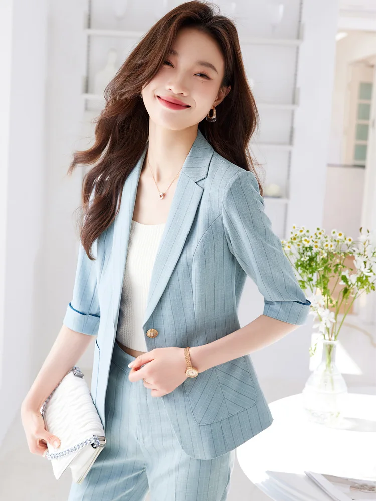 Blue striped business attire for women spring/summer2024New Commuting Fashionable Elegant Casual Blazer for Women