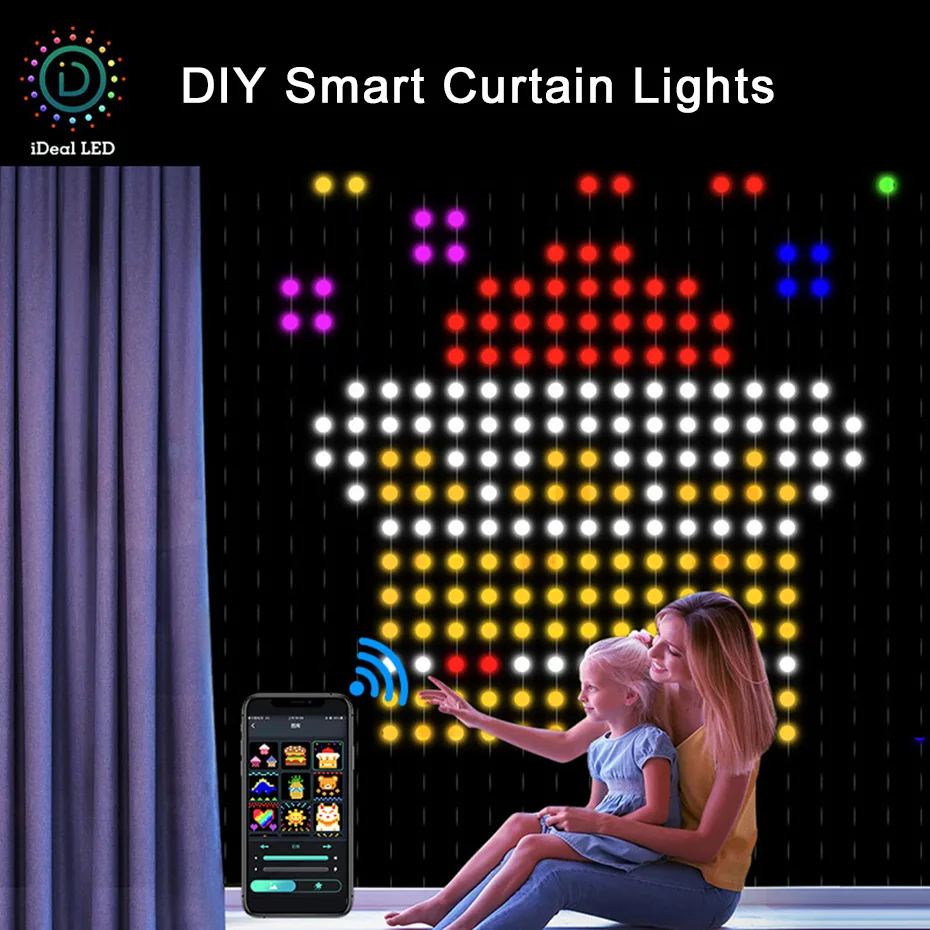 Smart App RGB Curtain Lights Bluetooth Xmas LED String Fairy Lights DIY Picture Display for Window Bedroom Christmas Decoration