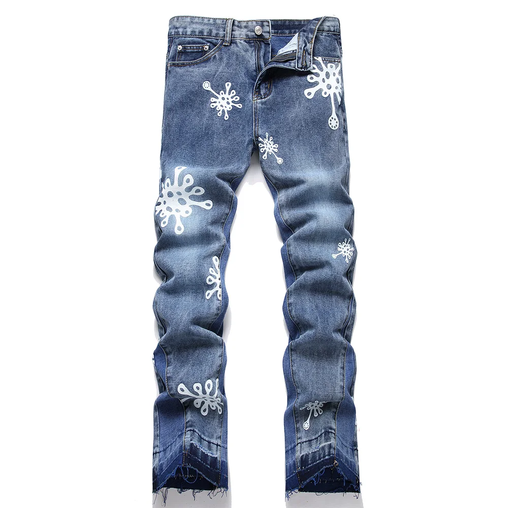 Men Release Hem Boot Cut Denim Jeans Streetwear Pattern Print Pants Blue Non Stretch Straight Trousers