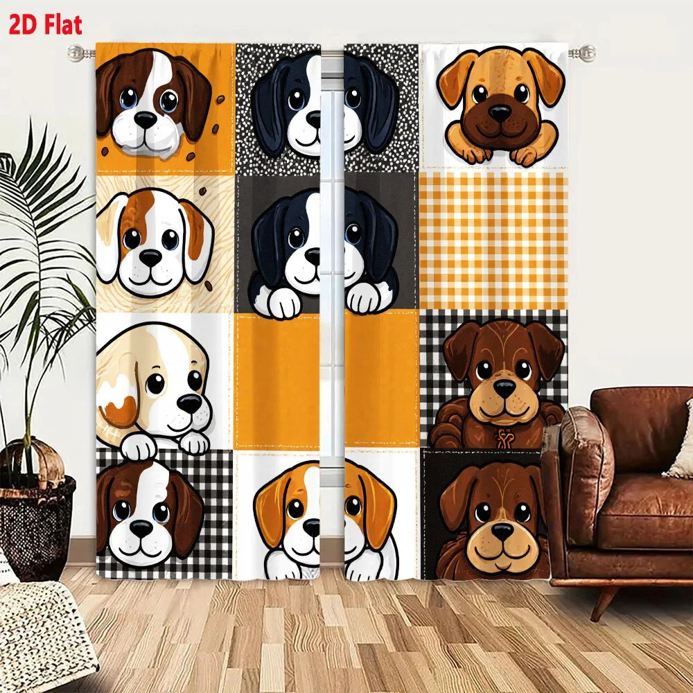 2Pcs Curtains 2D Flat Nine Cartoon Puppies Illustration Grid With Coffee Bean Dotted Checkered Backgrounds Whimsical Playful Dog