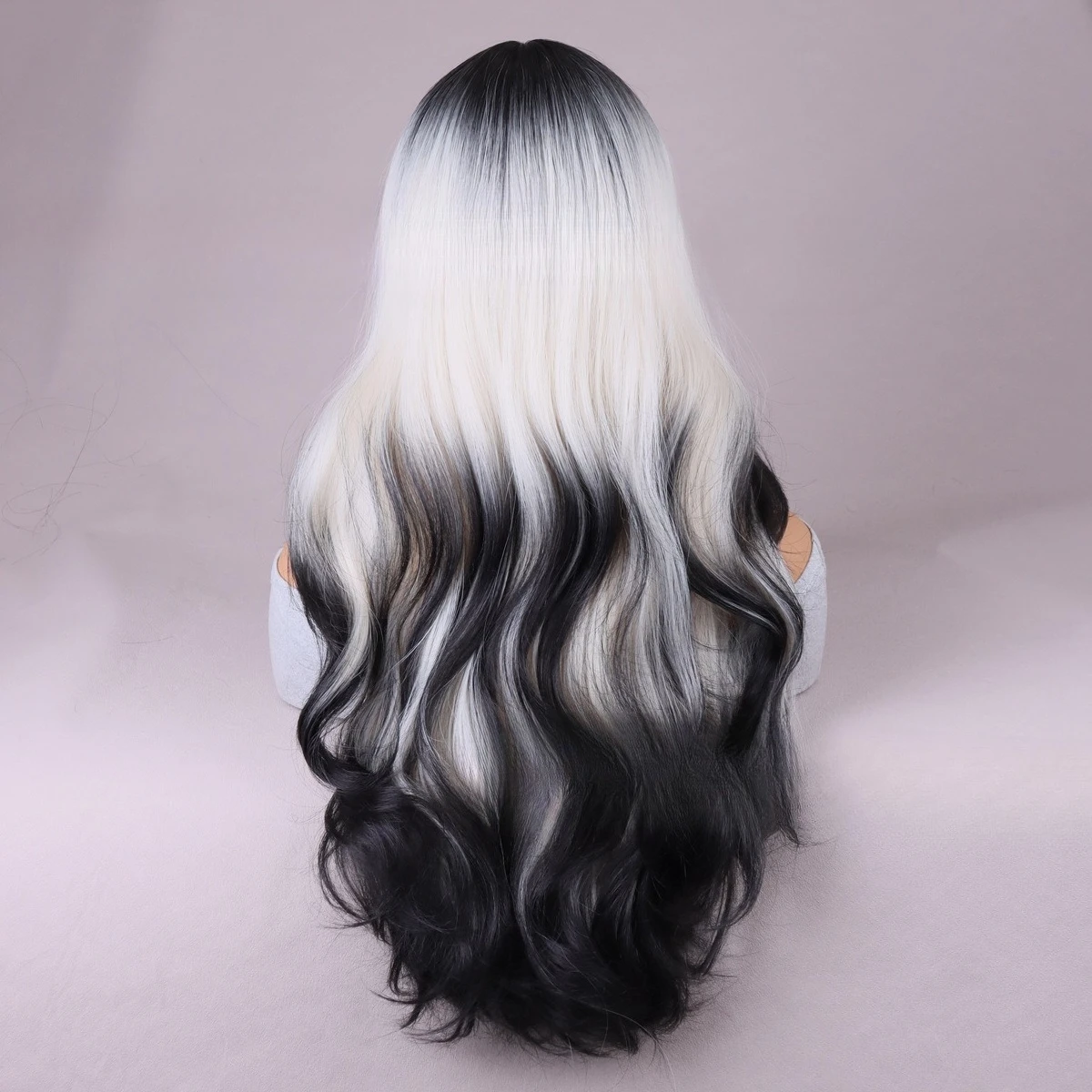 أبيض وأسود يسلط الضوء على الانفجارات المائلة موجة طويلة شعر مستعار طويل مجعد موجة شعر مستعار اصطناعي #4