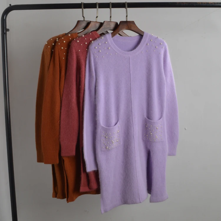 

Зимний новый круглый Ne вышитый однотонный свитер Double ket Long Sve средней длины из кроличьего меха Dr, теплый свитер для поездок на работу