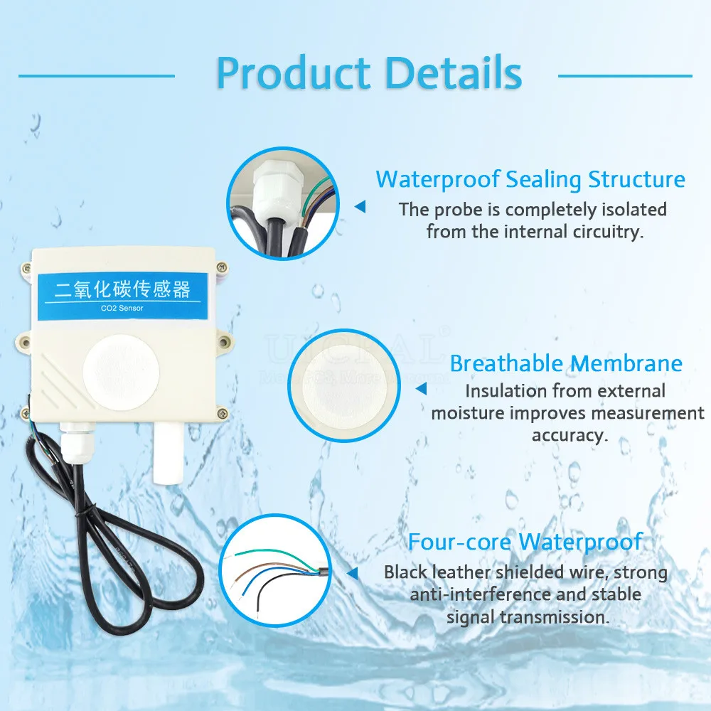 CO2 Sensor Transmitter 4-20mA 0-5V 0-10V Output Detector Gas Concentration Detection for Greenhouse Culture RS485 0-5000ppm