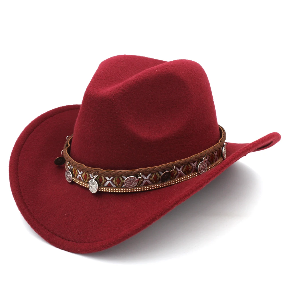

Western Cowboy Hat Cowgirl Cap Fedora Hats Wide Brim with Punk Coins Hatband Party for Women Men