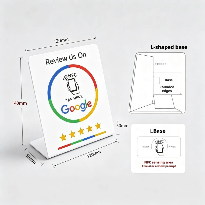 13.56MHz NTAG215 Programmable NFC Google Review Table Stand Bending Bracket Tap Review Sign for Shop Business