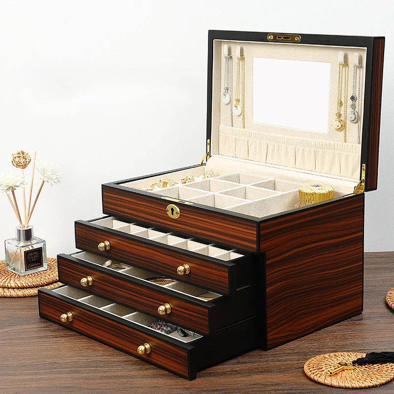 Vintage Solid Wood Jewelry Box Wooden Jewelry Storage Organizer Multi-function Drawer Wood Jewelry Organizer With Mirr