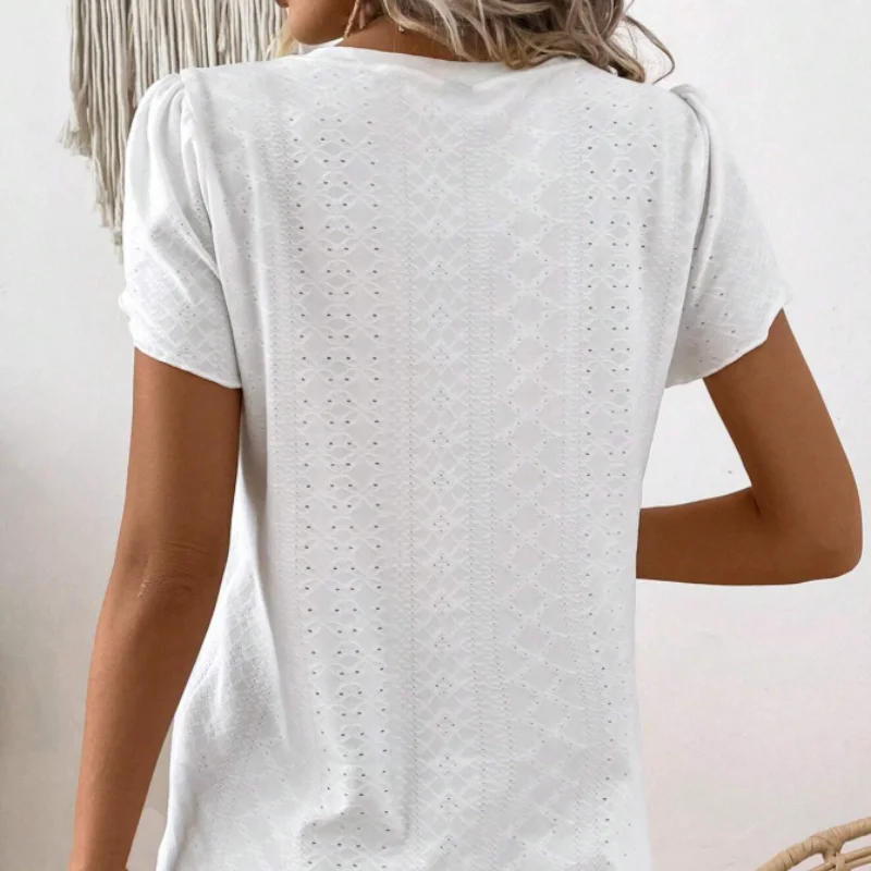 تي شيرت نسائي كاجوال بأكمام قصيرة بلون سادة مجوف ملابس نسائية صيفية للارتداء اليومي
