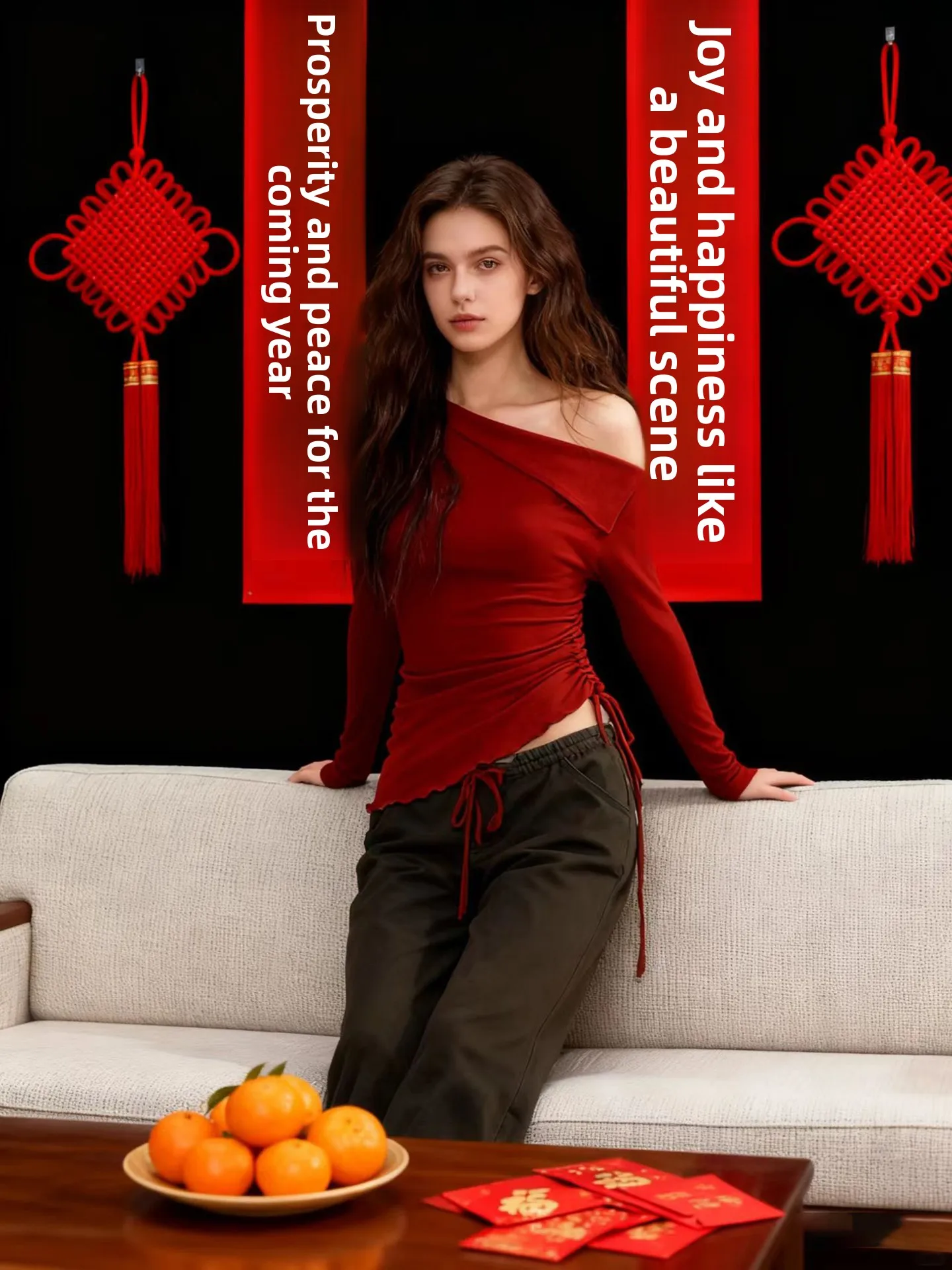 Red Shoulder Bared T Shirt Women's Slim Fit Long Sleeve Cross Year Celebration Fashionable Folded Design Anti Waterproof