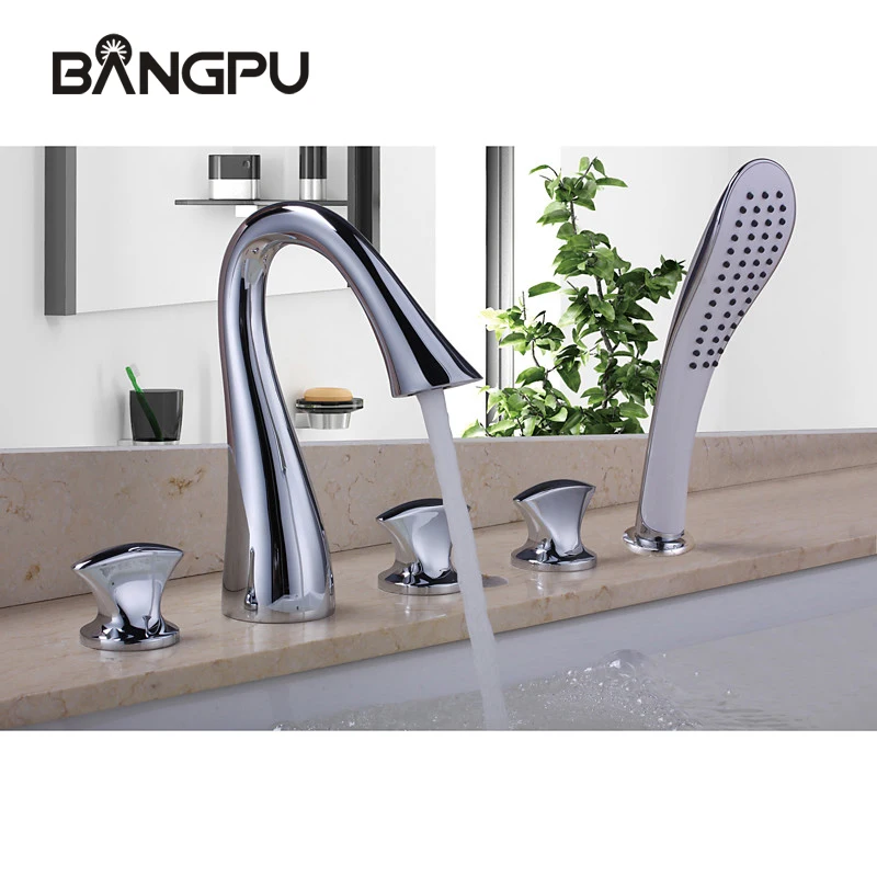 욕실 욕조 수도꼭지 세트 데크 장착형 욕조 수도꼭지 세트 핸드헬드 샤워기 포함 5홀 로마 욕조 수도꼭지 콤보 세트 크롬