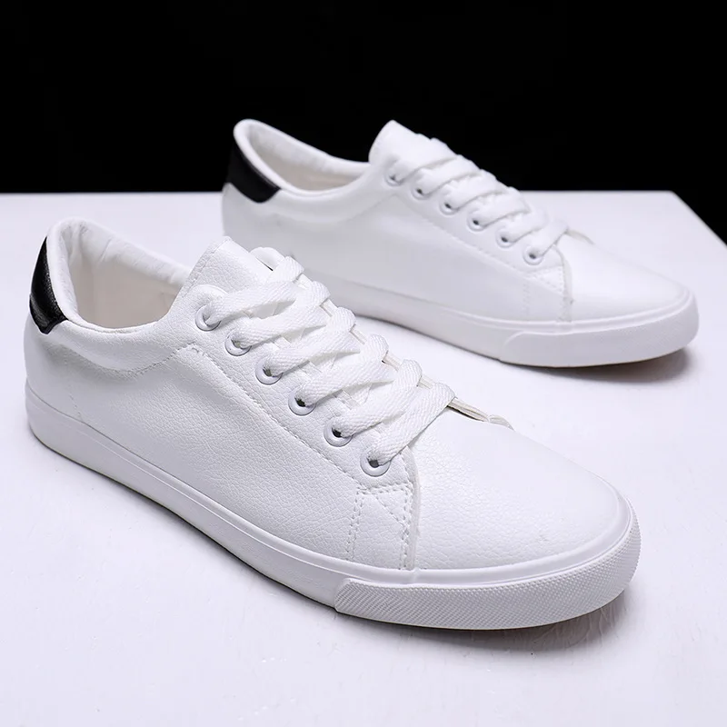 Men\'s Pure White Leather Sneaker Sports Leisure Board Shoes Lace-up Men Shoes Lightweight Comfortable Breathable Walking Sneaker