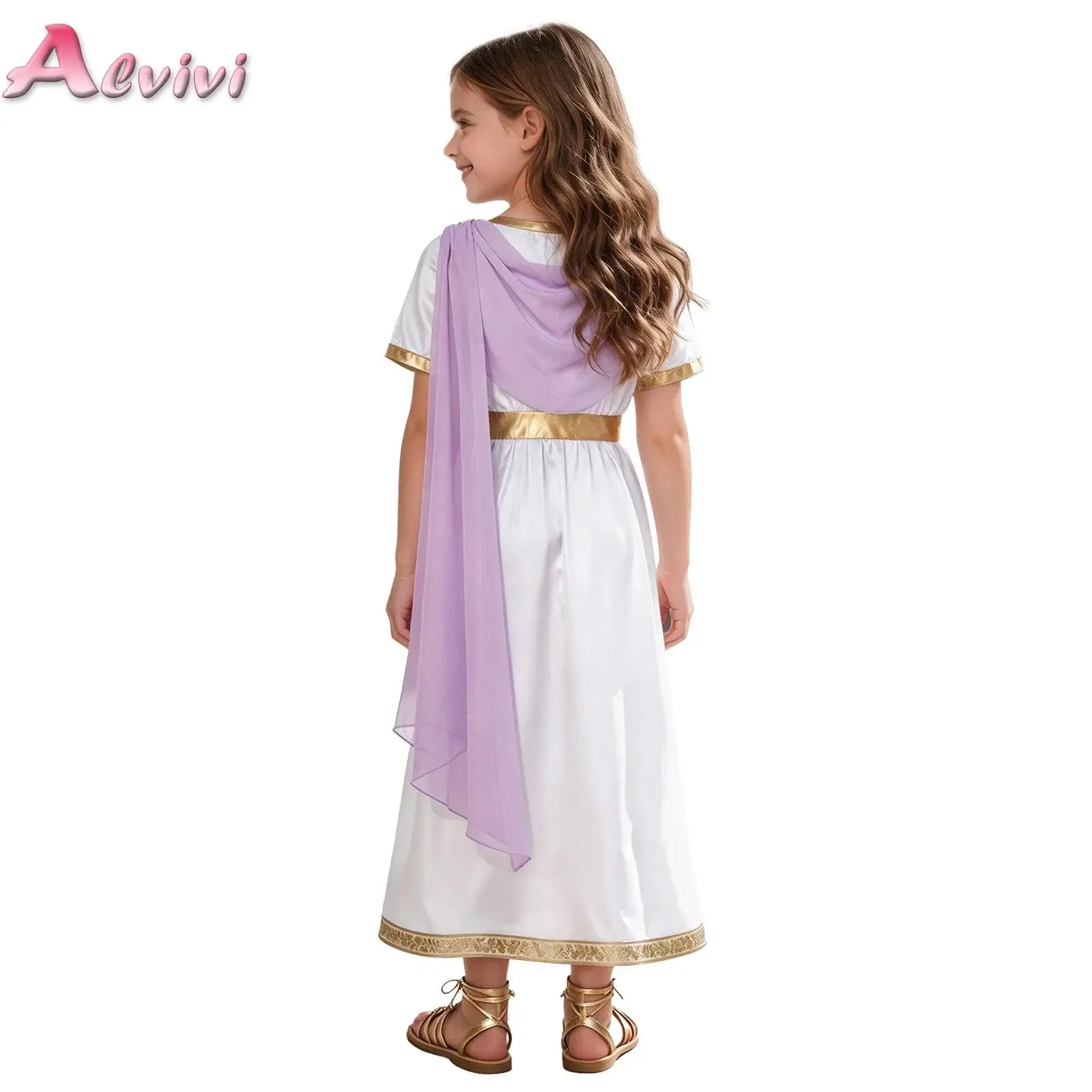 Kids Girls Church Choir Lyrical Draped Shawl Satin Robe Ancient Greek Costume Metallic Embroidered Trim Dress for Theme Party