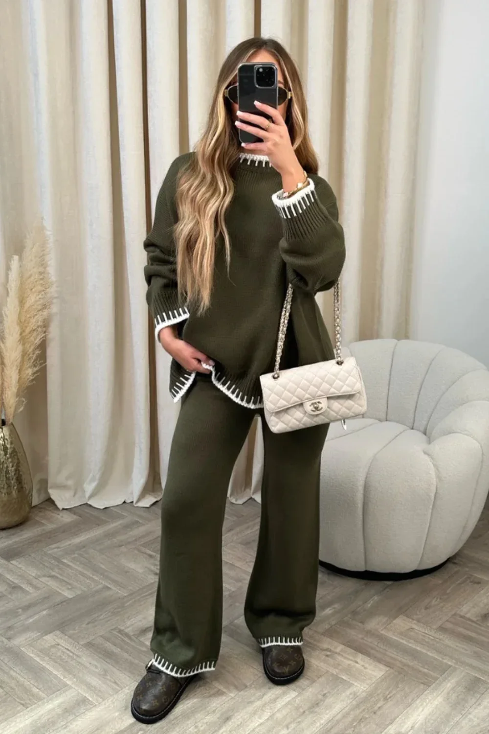 Stripe Knit Two Piece Set Women Casual Split O-neck Long Sleeve Sweater High Waist Pants Sets Female Loose Winter Lady Home Suit