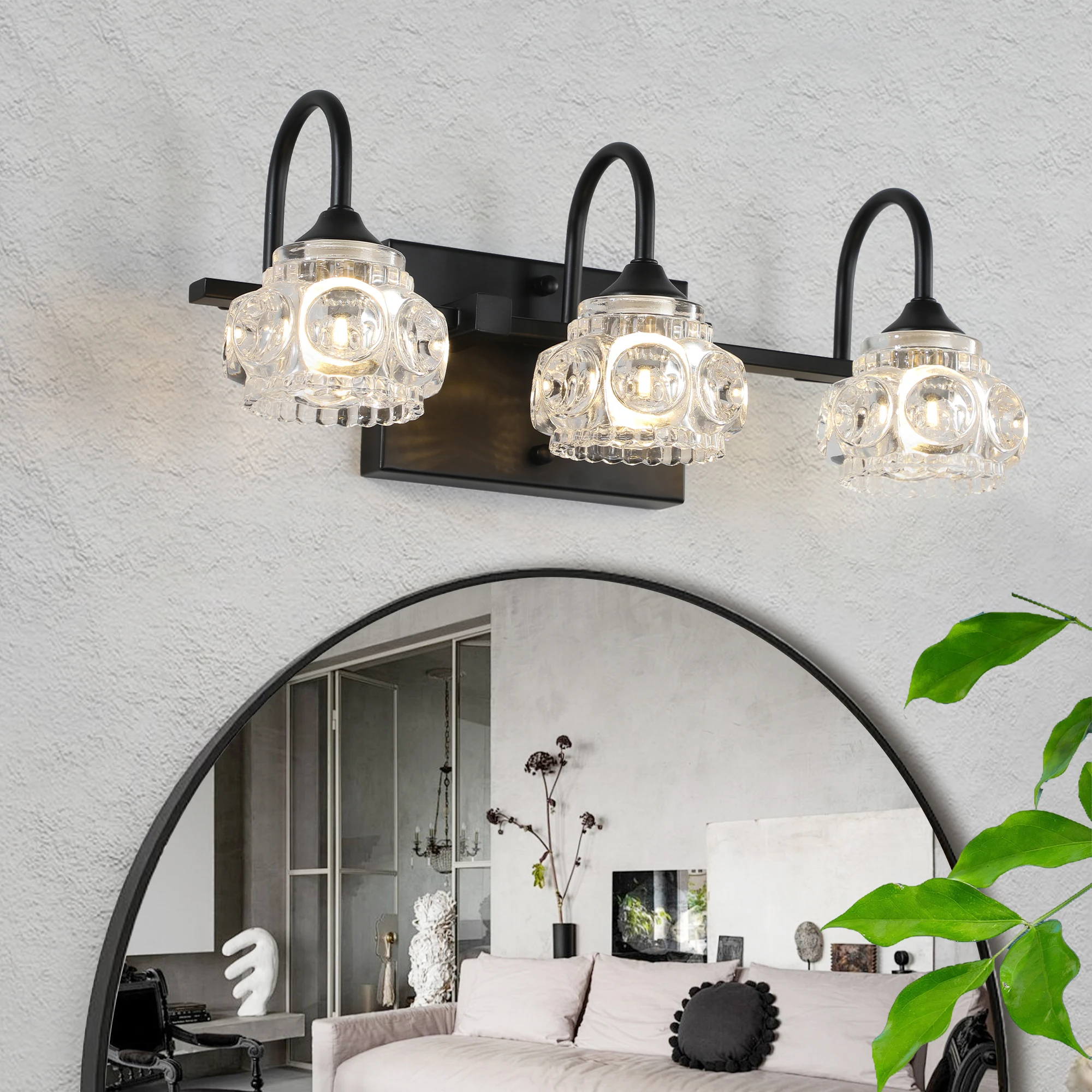 Retro 3-Light Bathroom Vanity Light Fixture - Black Finish with Crystal Glass Shades, Wall Mounted Lighting (No Bulbs)