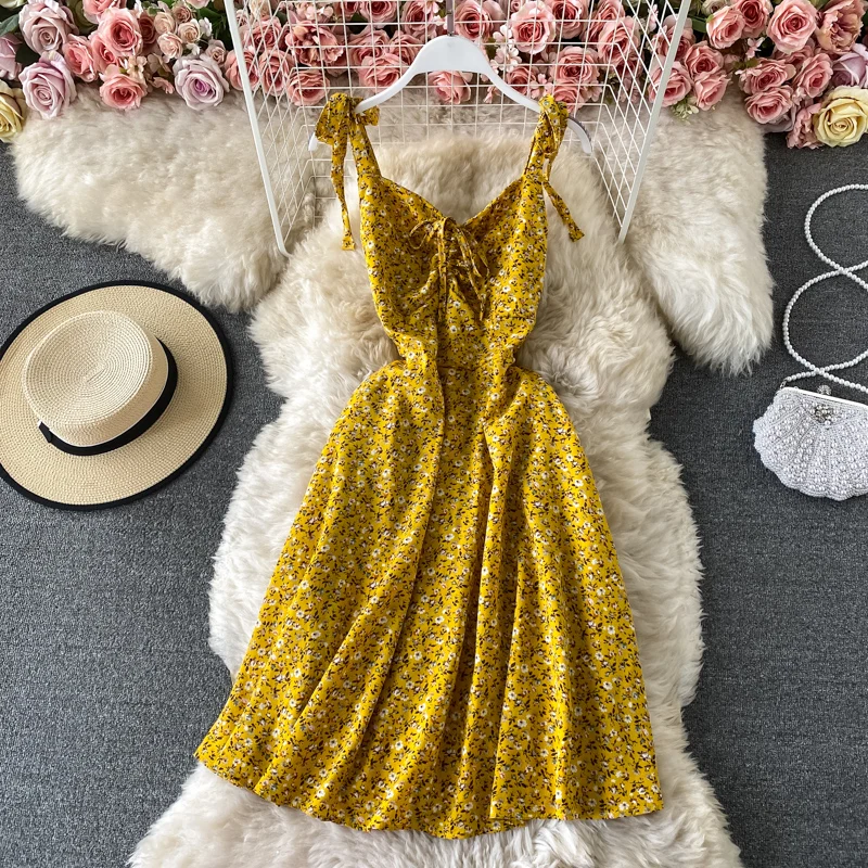 Floral Chiffon Dress Lace Up Women's 2023 Summer New V-Neck Slim A-line Short Slim Spaghetti Strap Dresses