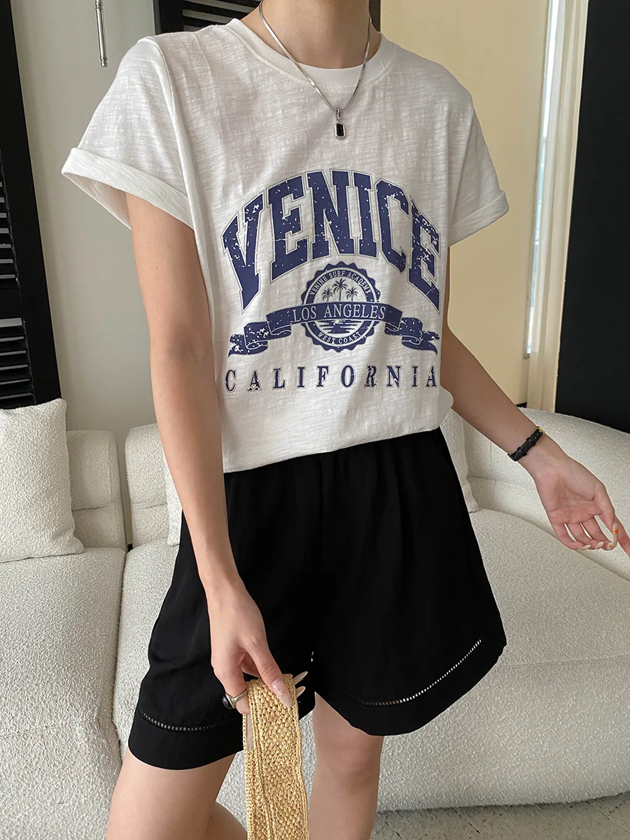 Sommerliches Damen-T-Shirt im lässigen amerikanischen Retro-Vintage-Stil mit Buchstaben-Print, Rundhalsausschnitt und kurzen Ärmeln – Detail 8