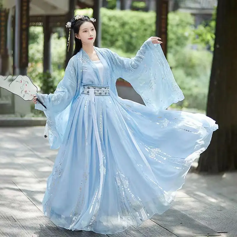 Vestido de baile de escenario bordado tradicional chino para mujer, disfraz de Cosplay de Hada, Hanfu azul, nuevo, 2022