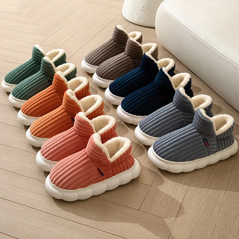 Winter Unisex Concise Solid Color Flat Plush Slippers Non-slip Warm Fluffy Mule Slides For Women Men Home Casual Cotton Shoes