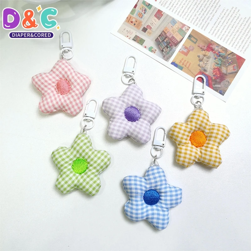 Cute Sweet Fabric Plaid Flower Keychain Korean Floral Keyring Car Key Holder Backpack Pendant Bag Hanging Decor Earphone Charms