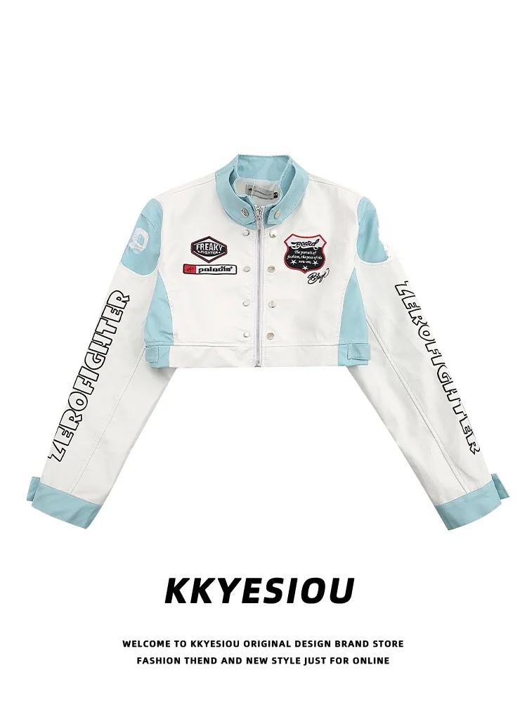 

Женская кожаная куртка-бомбер KKyesiou в американском ретро-стиле с вышивкой, воротником-стойкой и завышенной талией