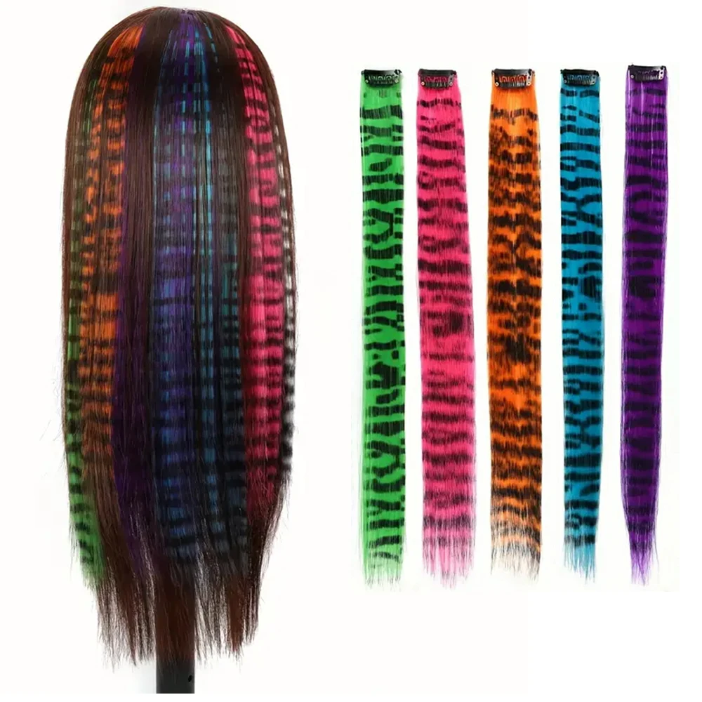 2PCS 18inch Y2K colorful Leopard print clip in hair extension synthetic wigs bone Straight Hairpiece cosplay halloween Girl hair