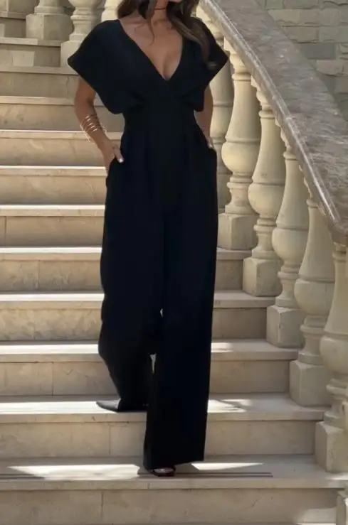 Jumpsuit Women 2025 Summer New Solid Color Short Sleeved V-Neck Waist Slimming Casual Pocket Design Wide Leg Jumpsuit