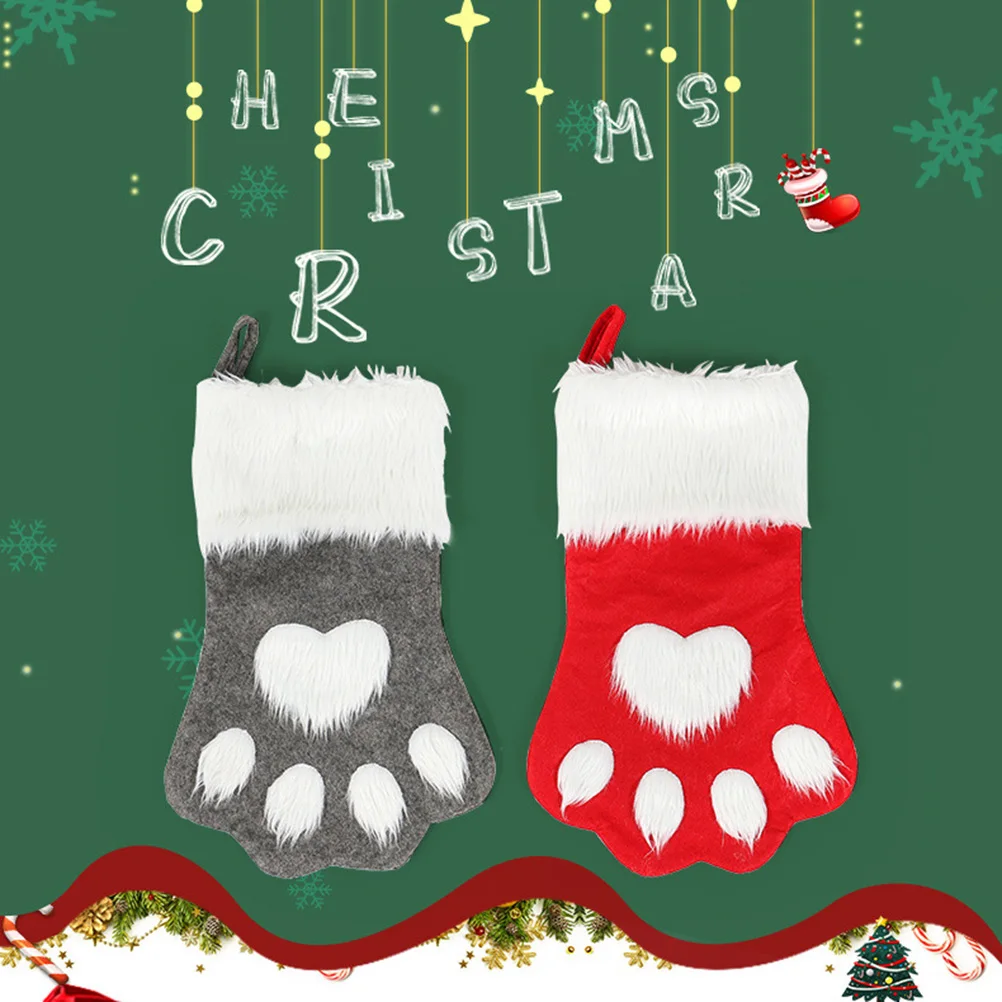 

1Pcs Christmas Stocking Red Dog Claw Pattern Xmas Tree Fireplace Hanging Decoration Candy Gift Bag Christmas Fireplace