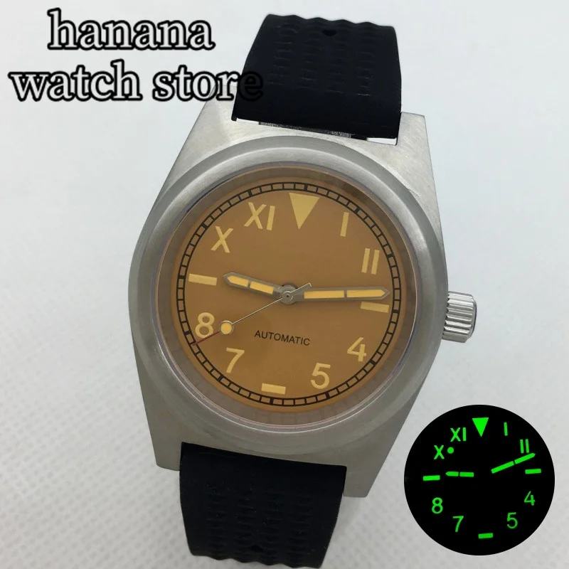 ساعة غطس أوتوماتيكية مزودة بحافظة مصقولة ، كاليفورنيا ، قرص أصفر أسود ، كريستال ياقوت أخضر مضيء ، NH35A مطاطي ، حزام 38