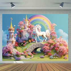 1 fairy tale castle rainbow unicorn photography background, cake smashing birthday party cake table supplies